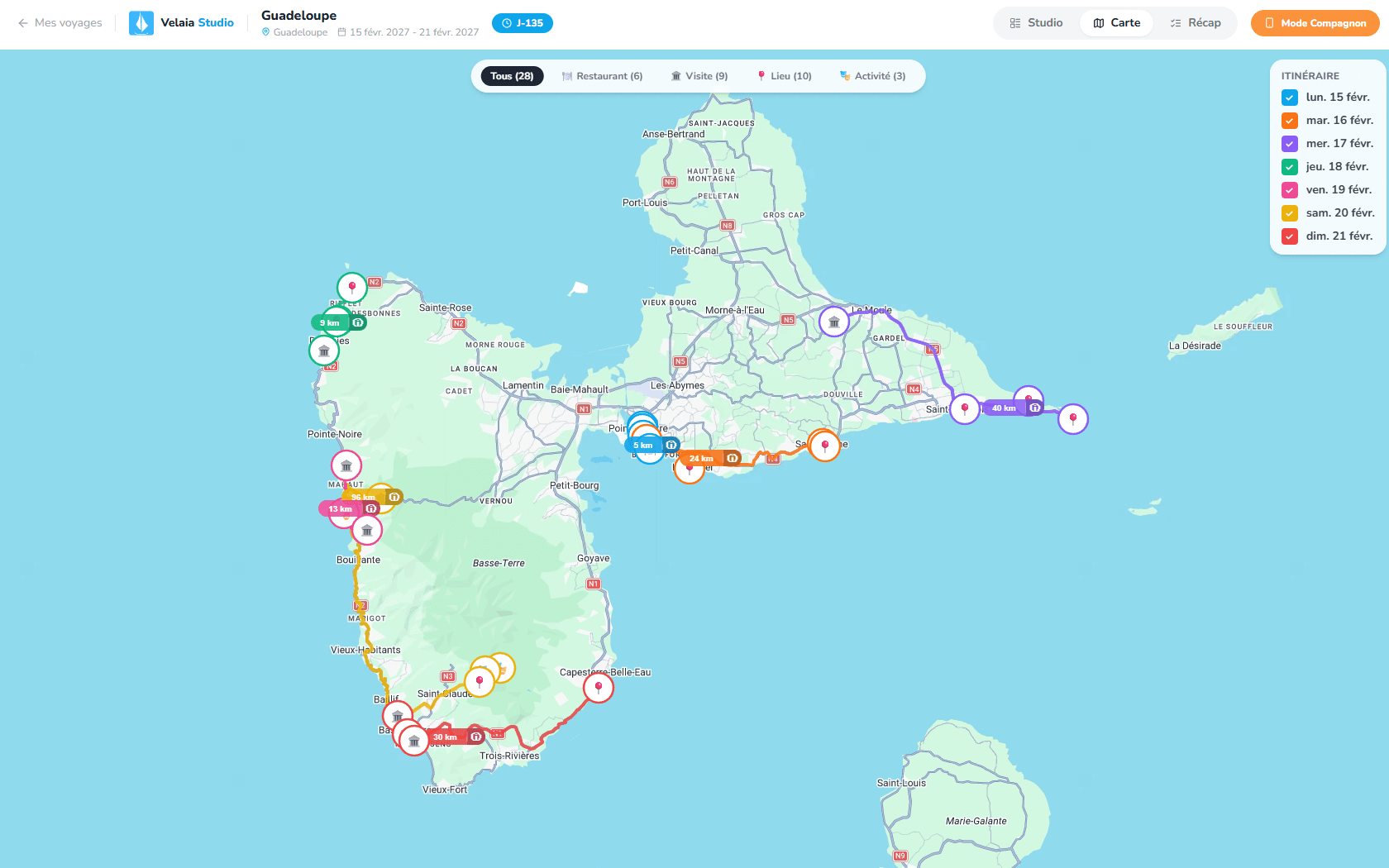 Carte du même voyage en Guadeloupe : une couleur par jour, journées regroupées par secteur